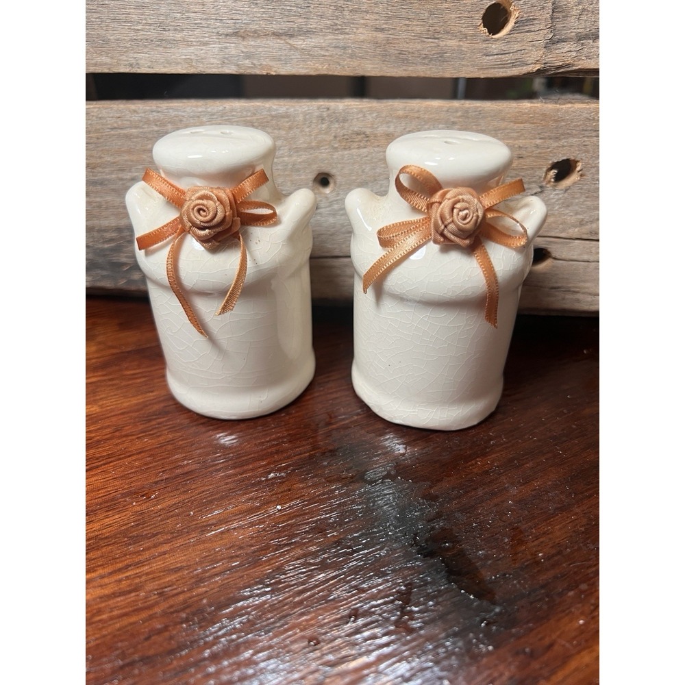 Ceramic Milk Cans Salt and Pepper Shakers Country Style Silk Ribbon Rose Vintage